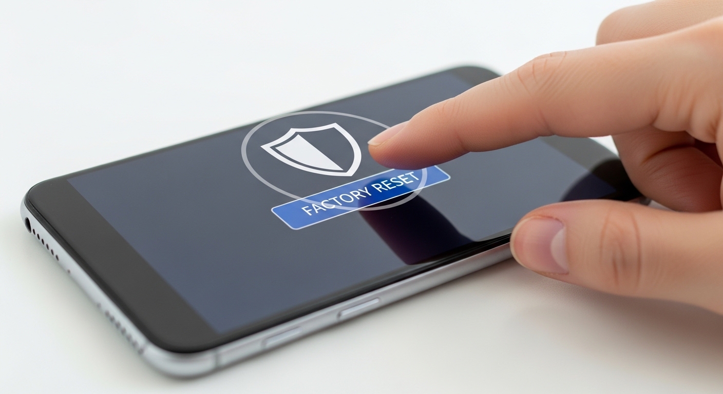Person pressing factory reset on smartphone with shield protection icon