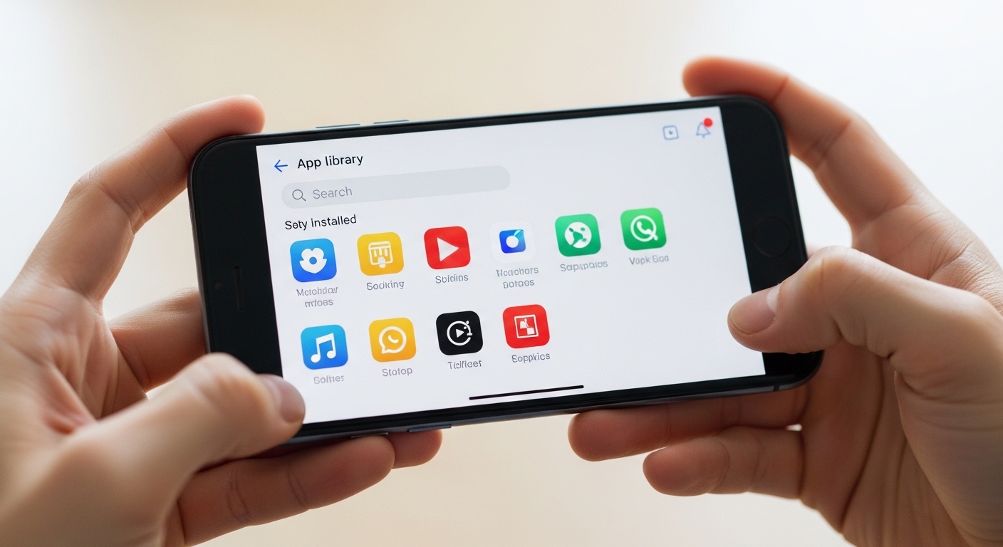 Person holding iPhone with App Library search screen showing installed apps