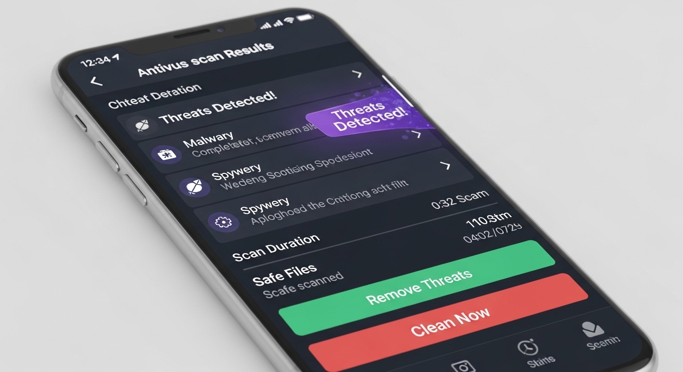 Smartphone displaying antivirus scan results with detected threats