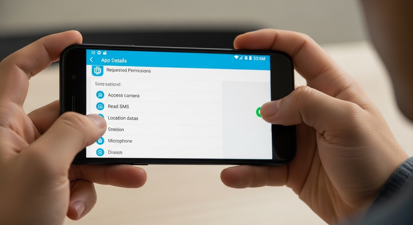Person taking screenshot of suspicious app permissions on smartphone