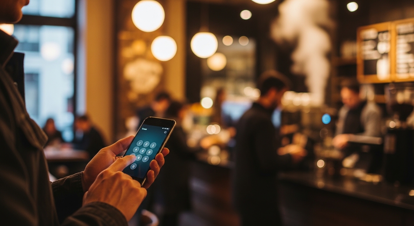 hacker observing phone password entry in public space