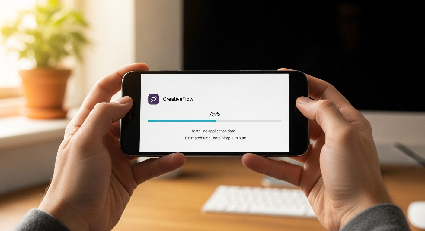 Hands holding Android smartphone with app installation screen
