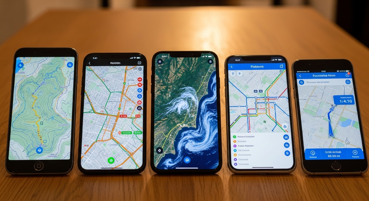 Multiple smartphones on wooden table showing different map interfaces