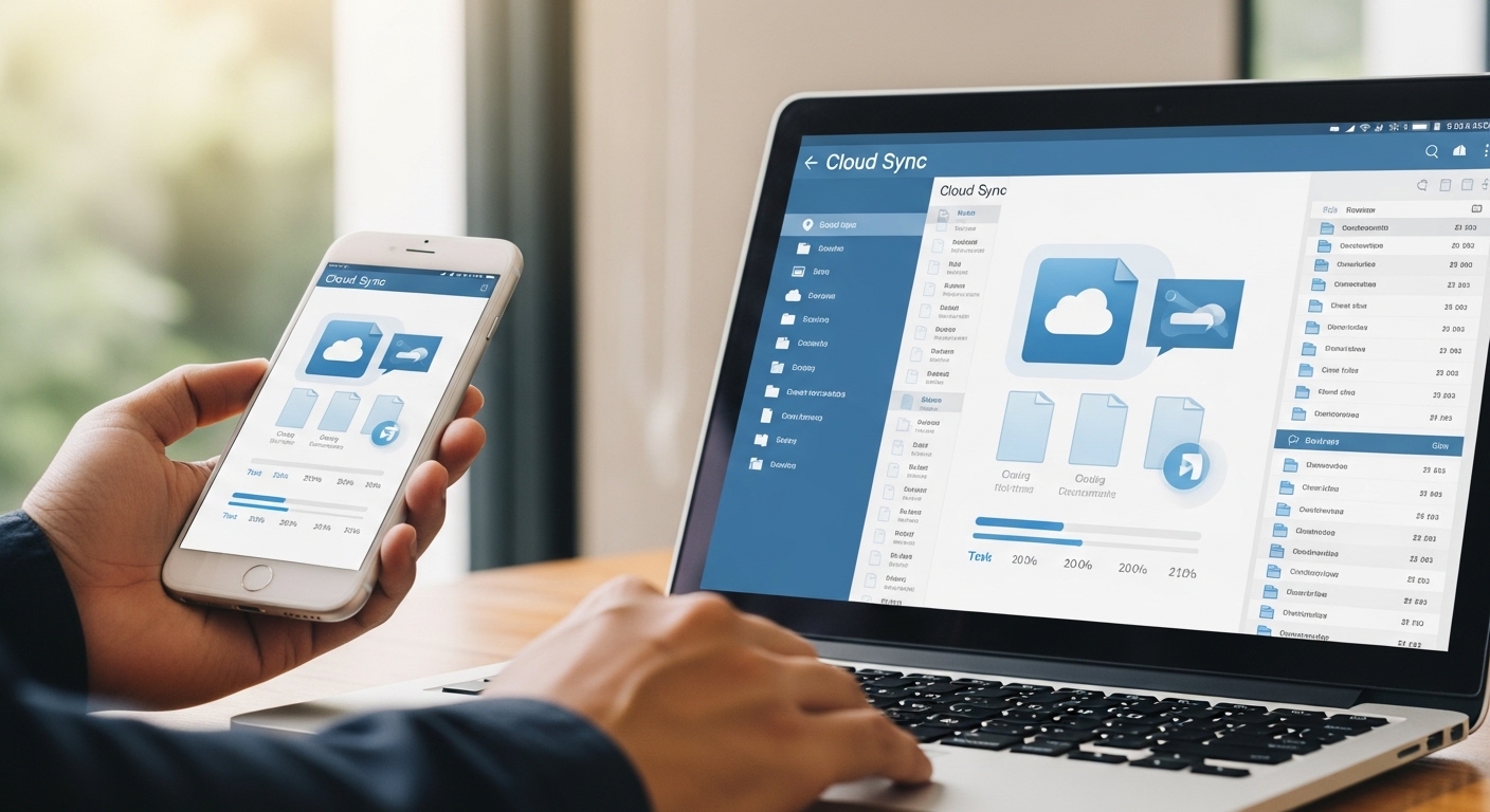 Person holding white smartphone next to laptop showing cloud sync