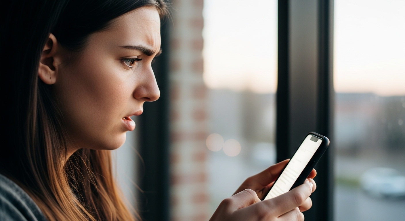 Person looking at smartphone with confused expression near window