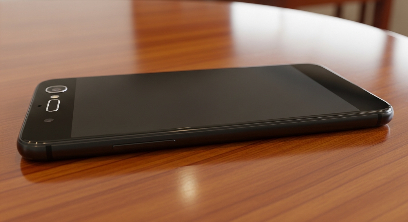 Smartphone lying face-down on table with dark screen