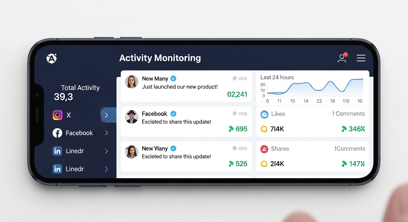 Smartphone displaying monitoring dashboard with social media feed