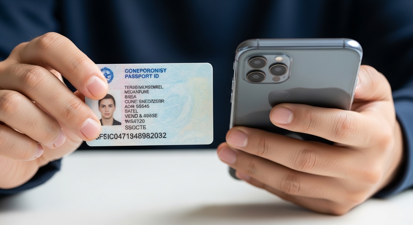 Hands holding government ID next to smartphone for verification