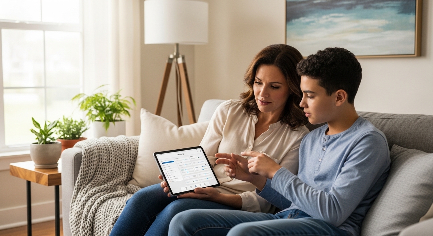 Parent and teenager looking at tablet screen together