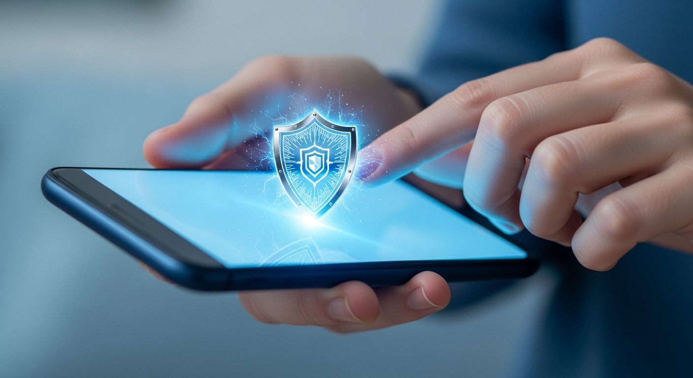 Hands holding smartphone with glowing shield icon on screen