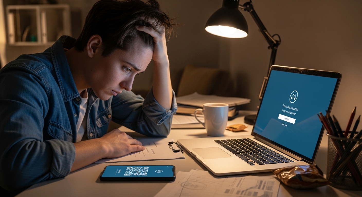 Person at desk trying to recover hacked account on laptop