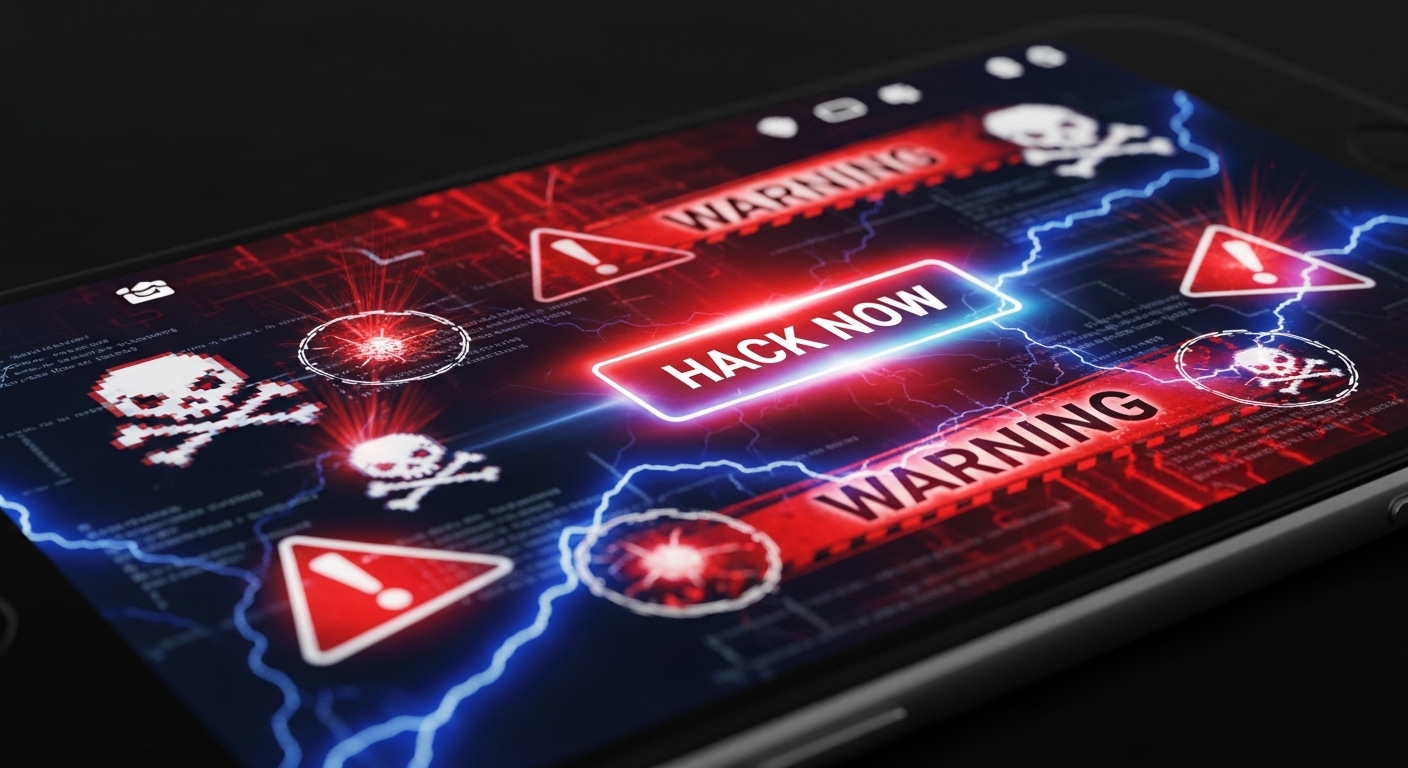 Smartphone showing fake hack website with warning signs