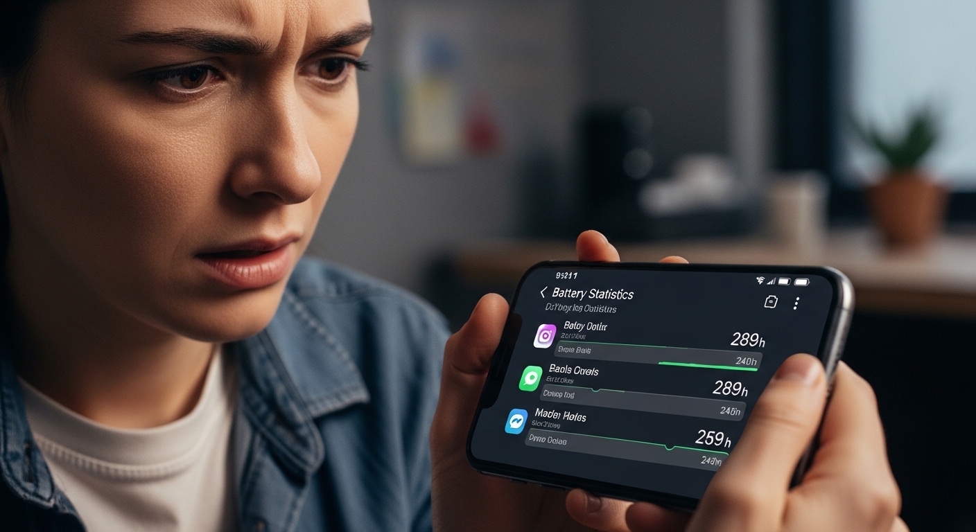 Person examining smartphone battery usage statistics
