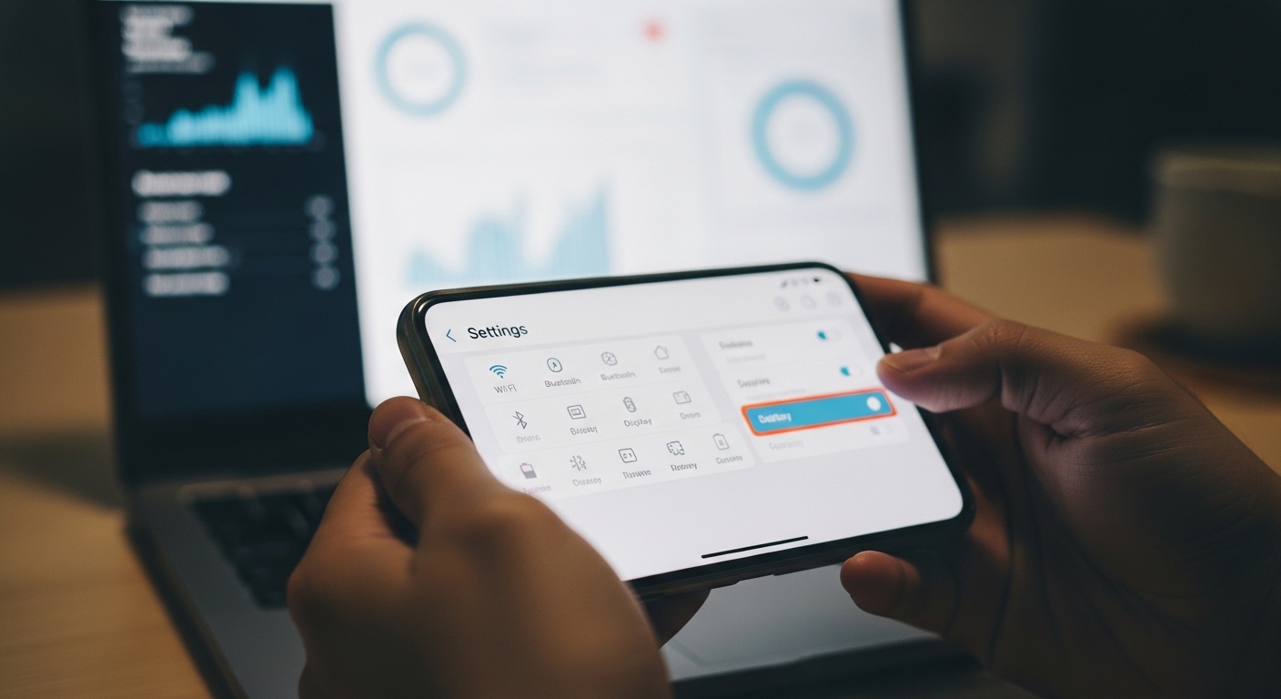 Hands holding smartphone with settings menu and laptop dashboard