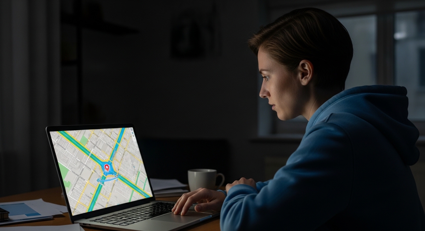 Person looking at laptop showing map with location dot