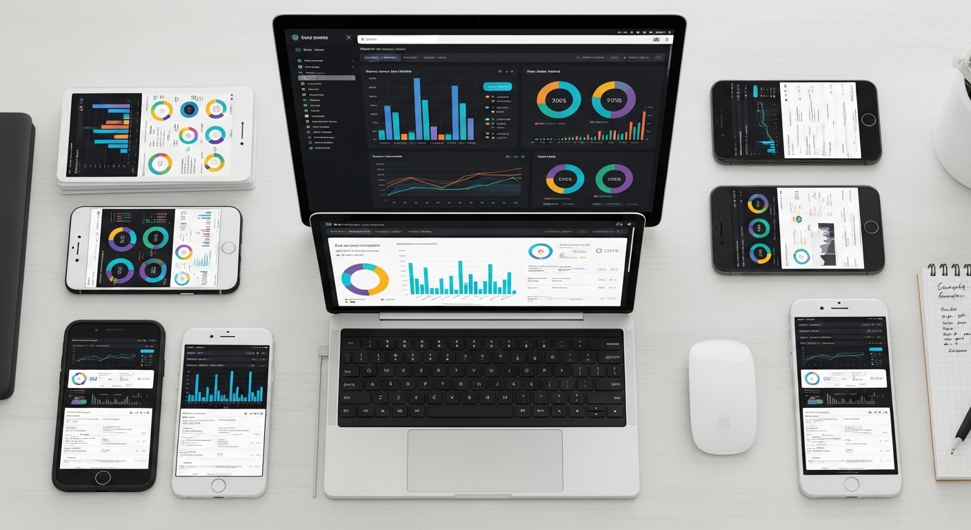 Desk with smartphones and laptop showing comparison charts