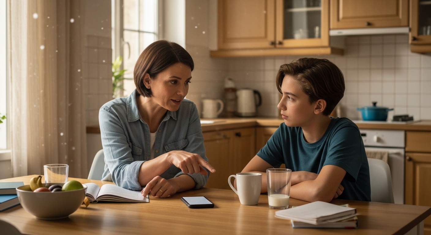 parent and teenager sitting together at kitchen table discussing smartphone usage
