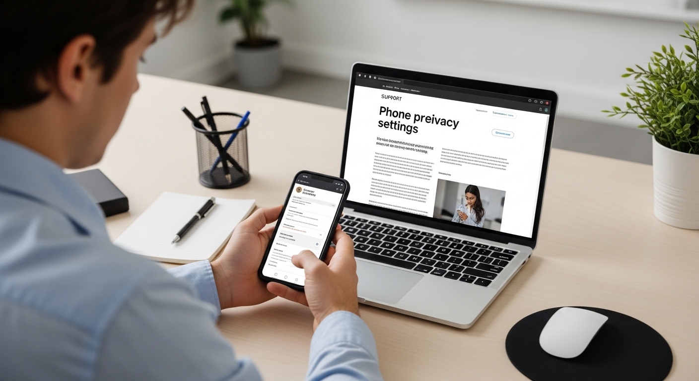 person at desk carefully going through phone security settings