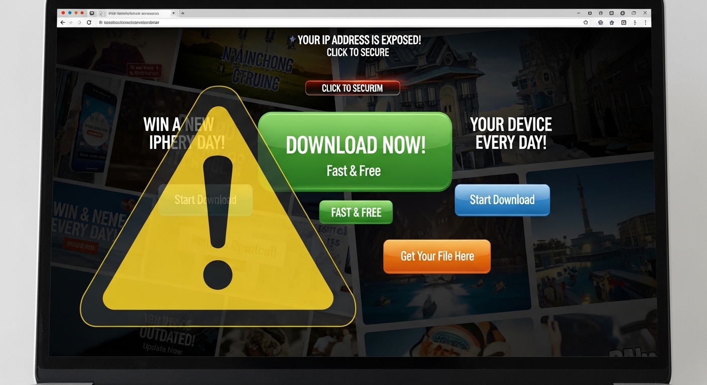 laptop screen showing suspicious website with fake download buttons