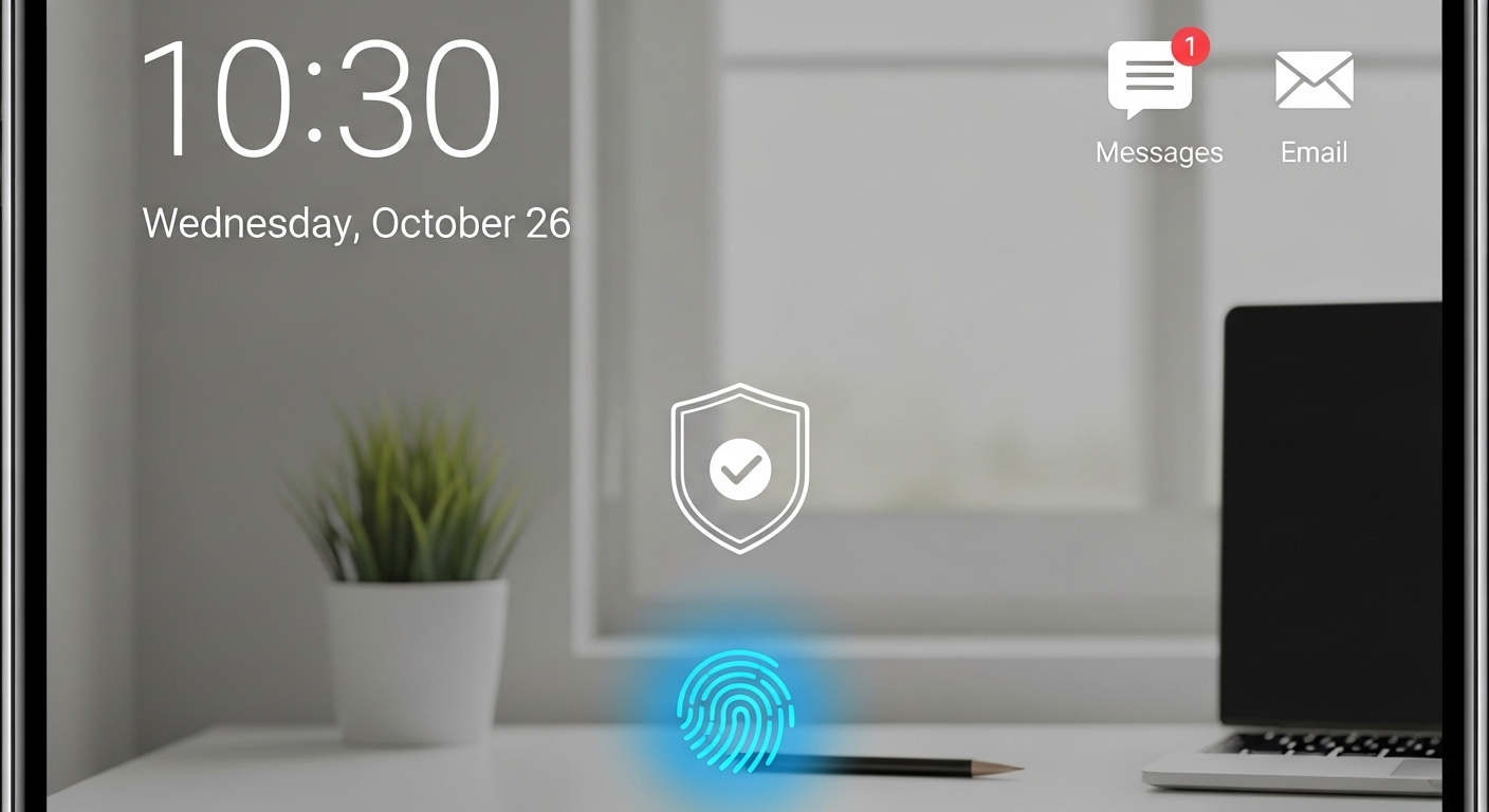 smartphone lock screen with fingerprint scanner and shield security icon