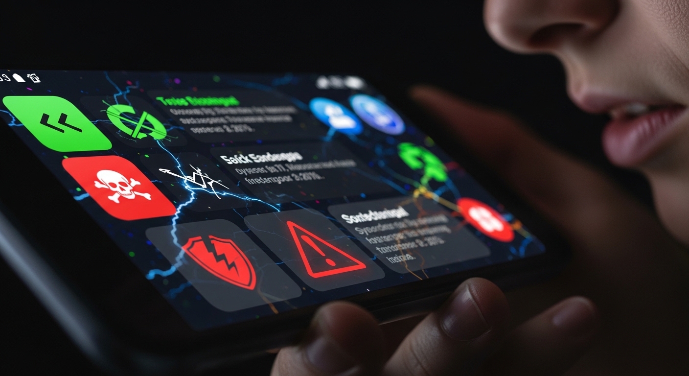 close-up of smartphone screen showing unusual app notifications and warning icons
