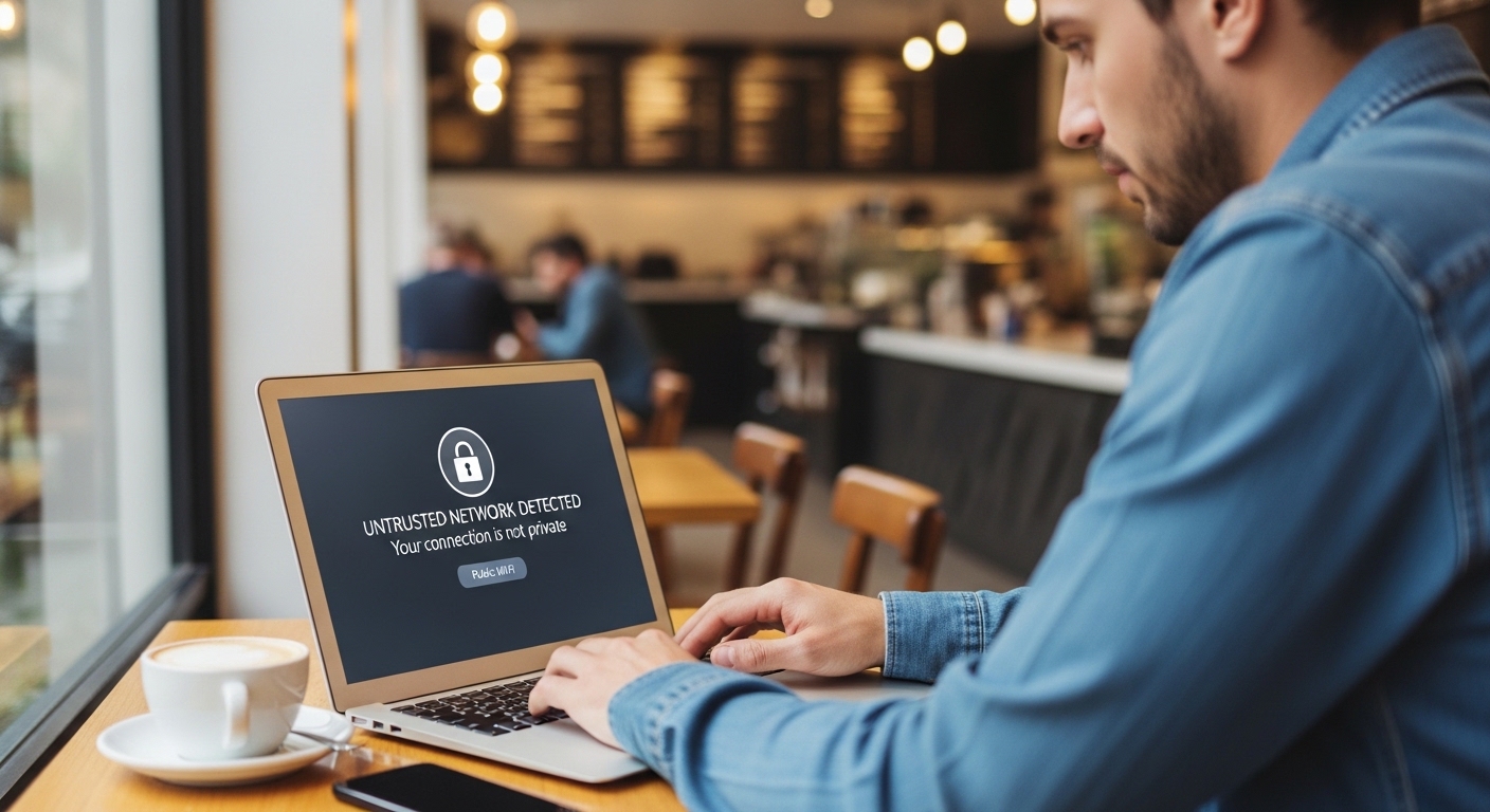 person using public wifi in a coffee shop with a laptop showing a security warning