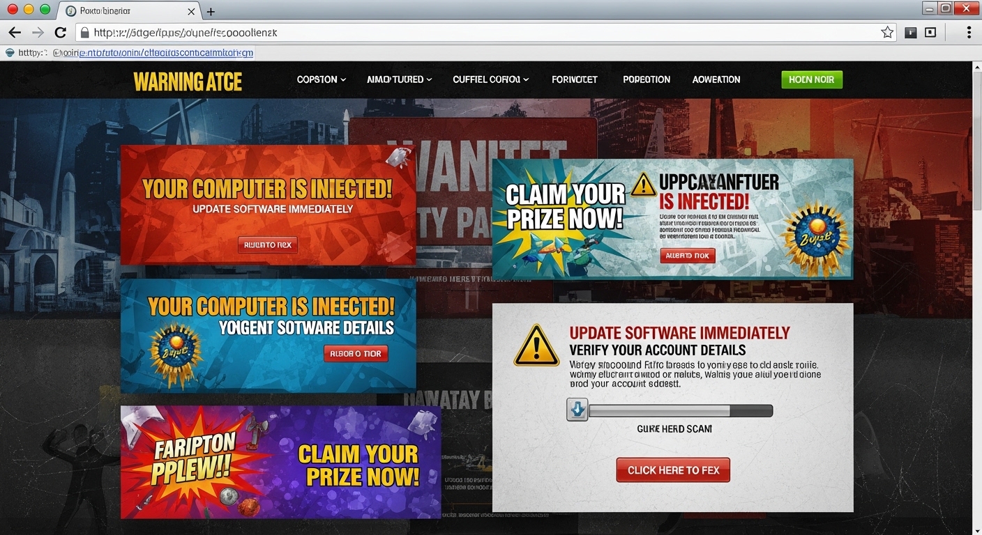 computer screen showing a fraudulent website with warning signs and popup ads