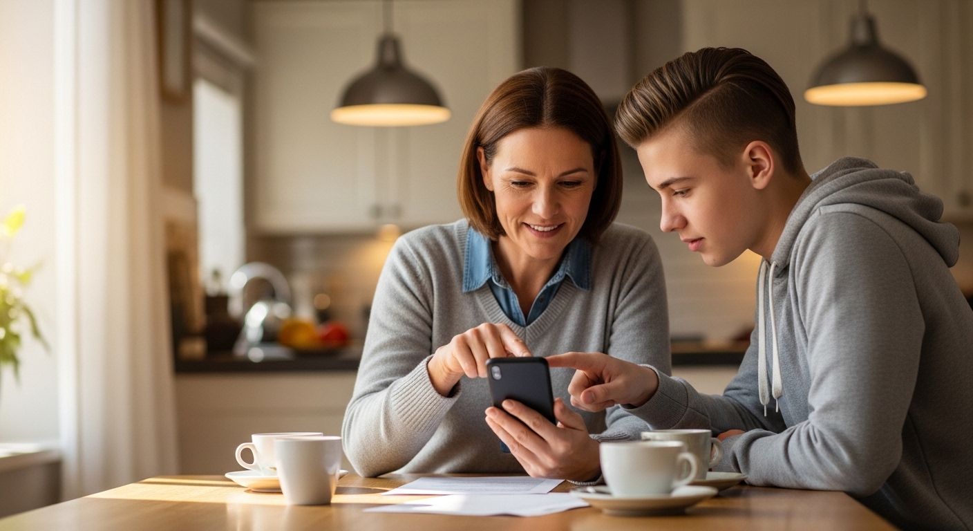 parent and teenager discussing smartphone settings together at a kitchen table