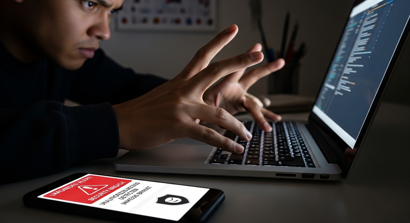 person urgently typing on laptop keyboard with a smartphone showing security alert beside it
