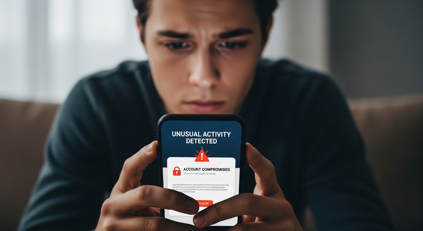 person receiving suspicious notification on smartphone while looking concerned