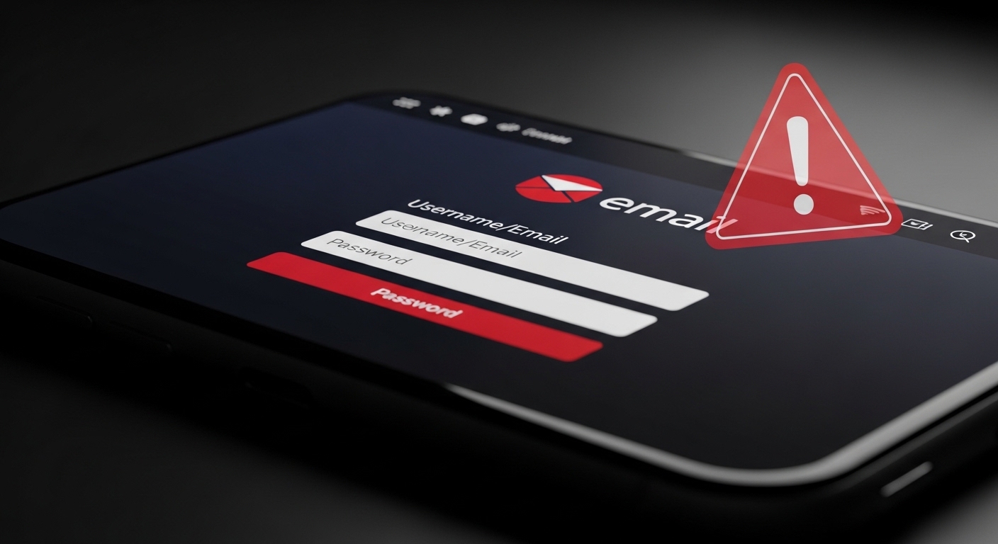 Smartphone screen showing fake login page with warning symbol