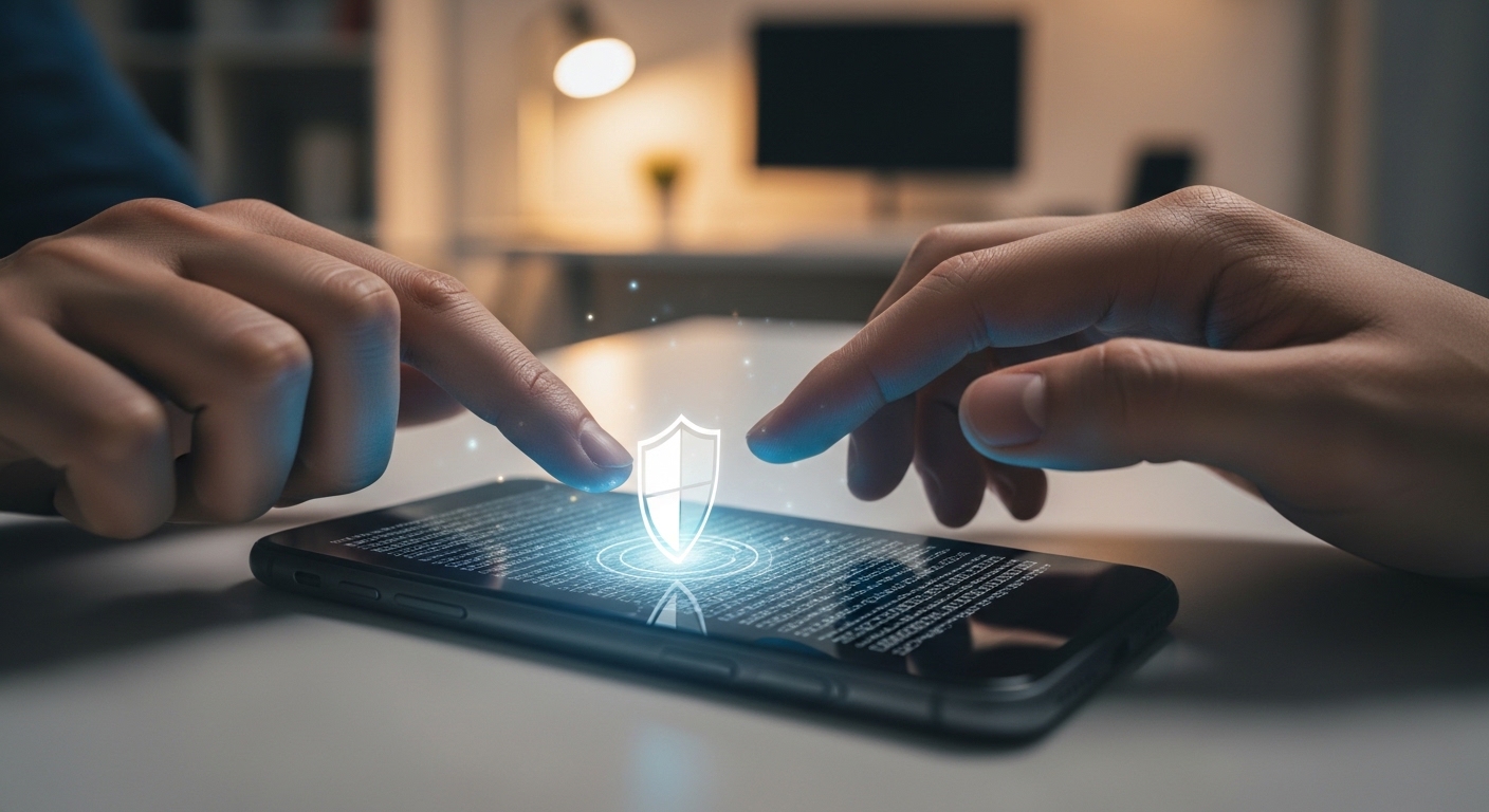 Hands typing on smartphone with security shield icon