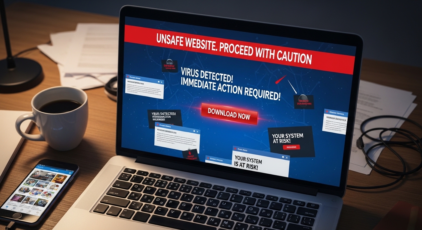 Laptop showing suspicious website with download button and warning banner