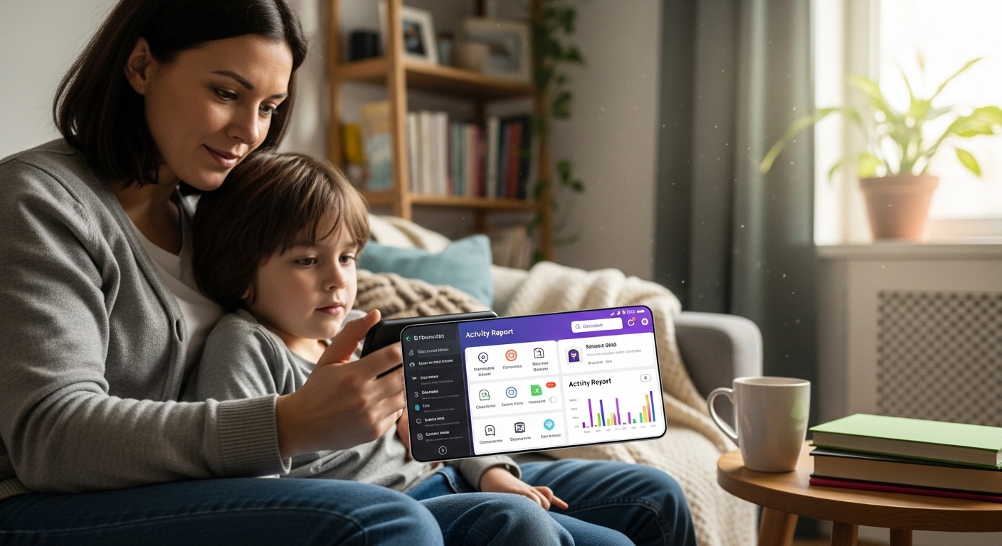 Parent and child looking at smartphone with parental control dashboard