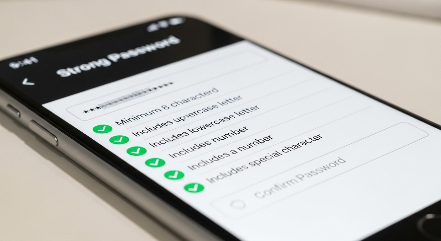Smartphone screen showing strong password creation form
