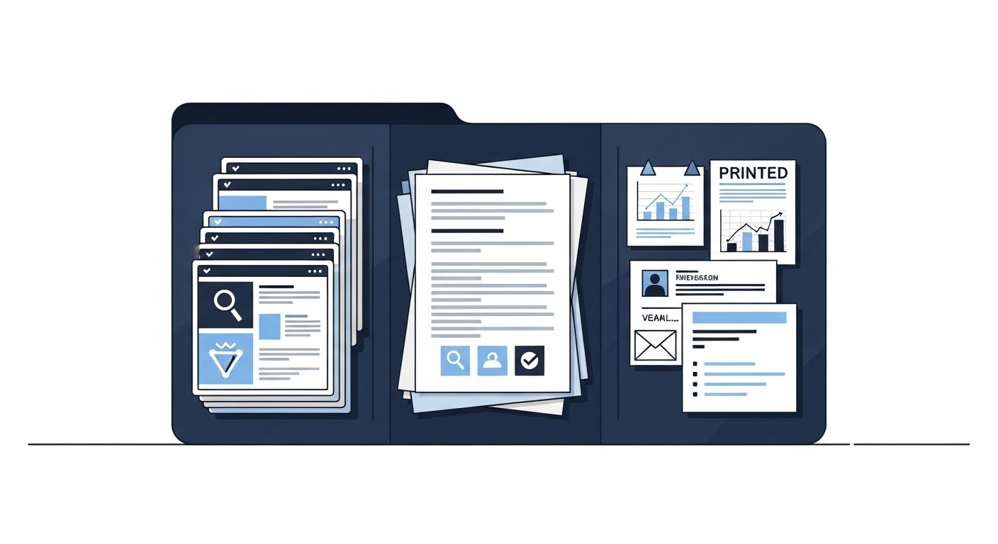 Organized folder with screenshots and printed evidence documents on desk