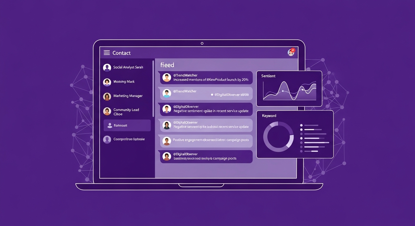 Laptop displaying social media monitoring dashboard with chat logs