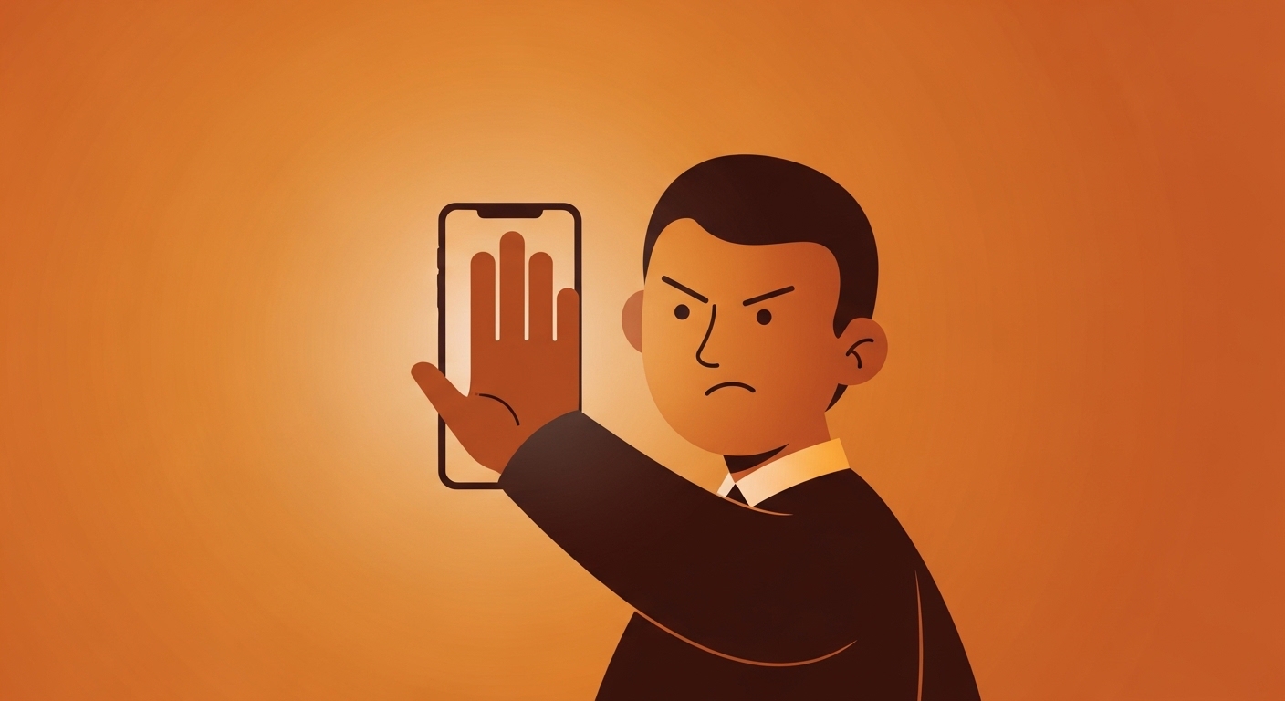 Person hiding smartphone screen from view with suspicious expression