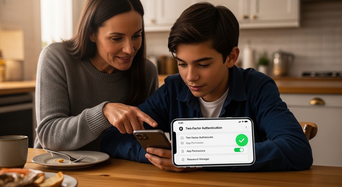 parent and teenager checking phone security