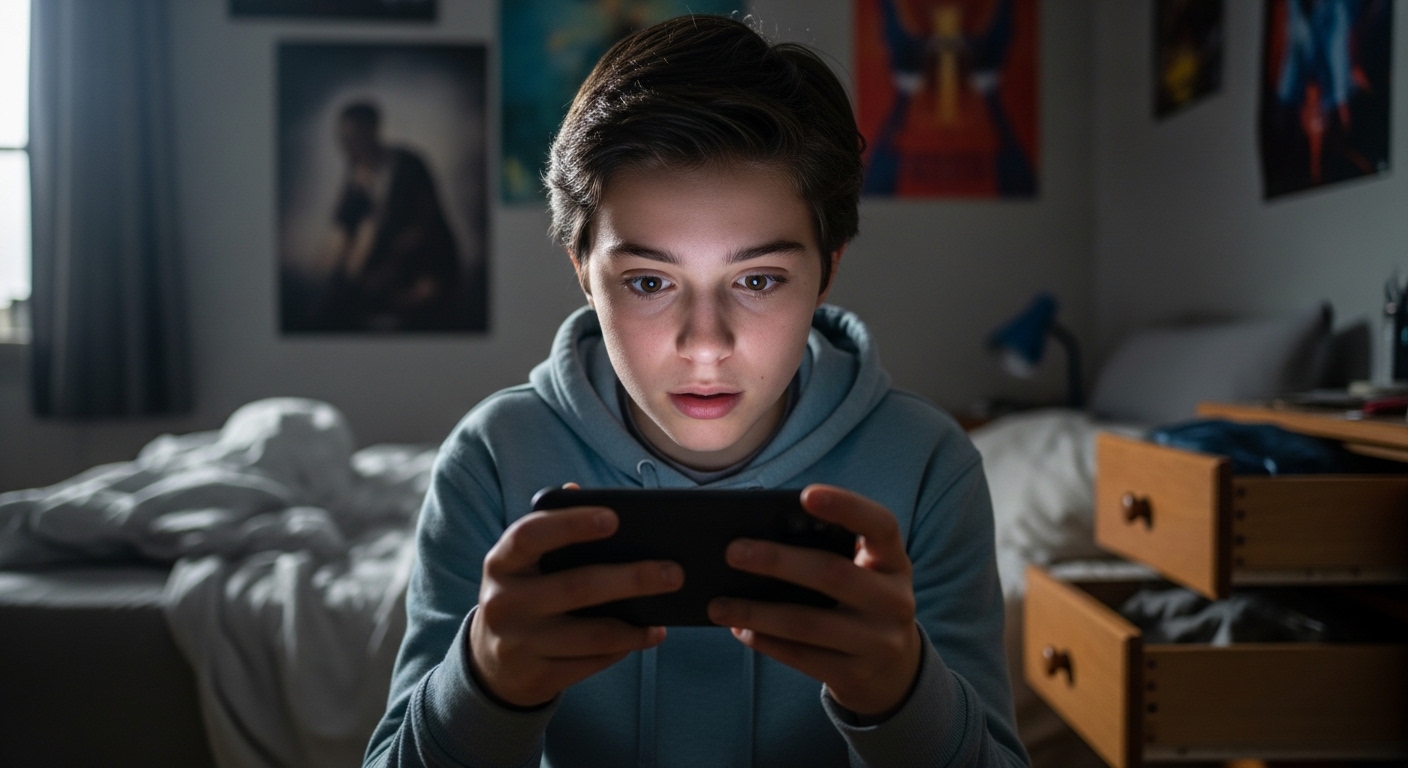 teenager looking at smartphone closely