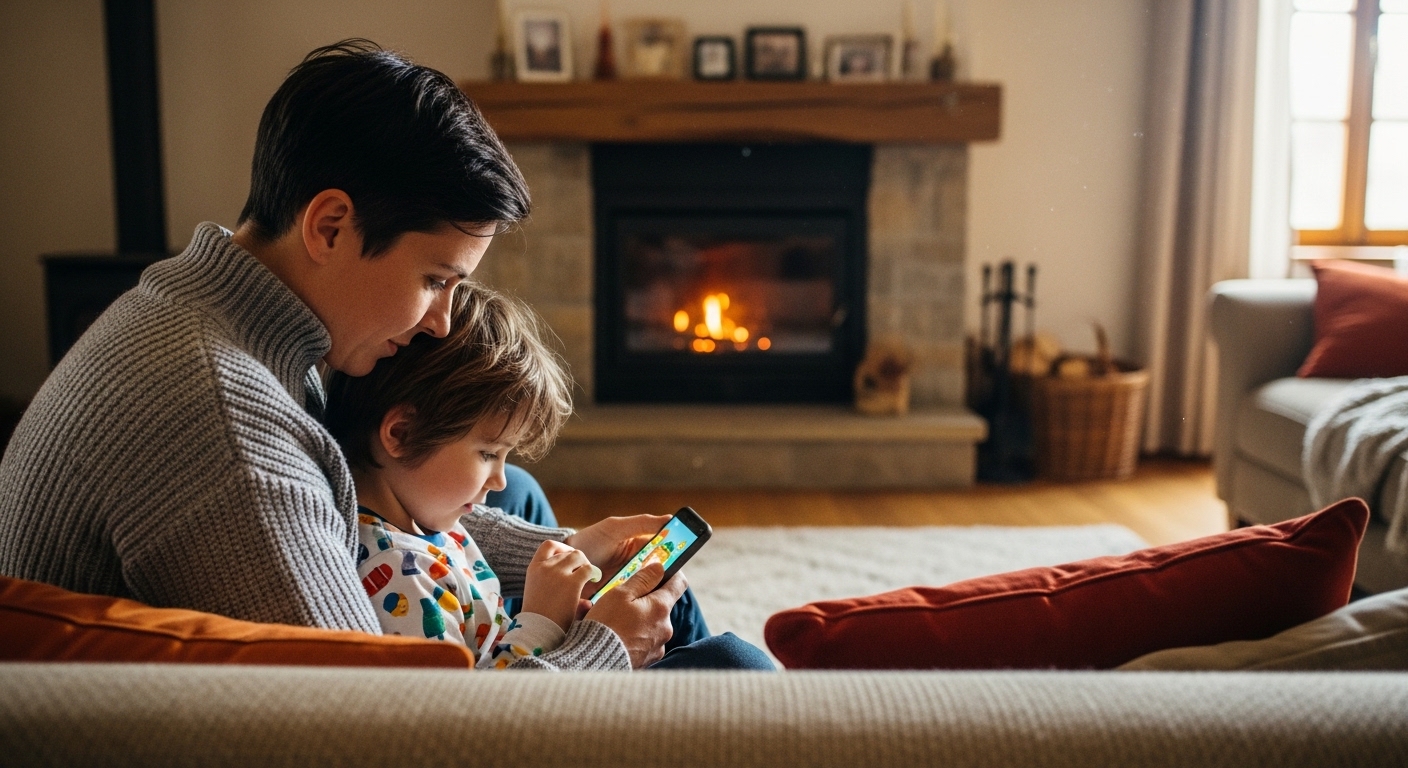 parent and child looking at phone together