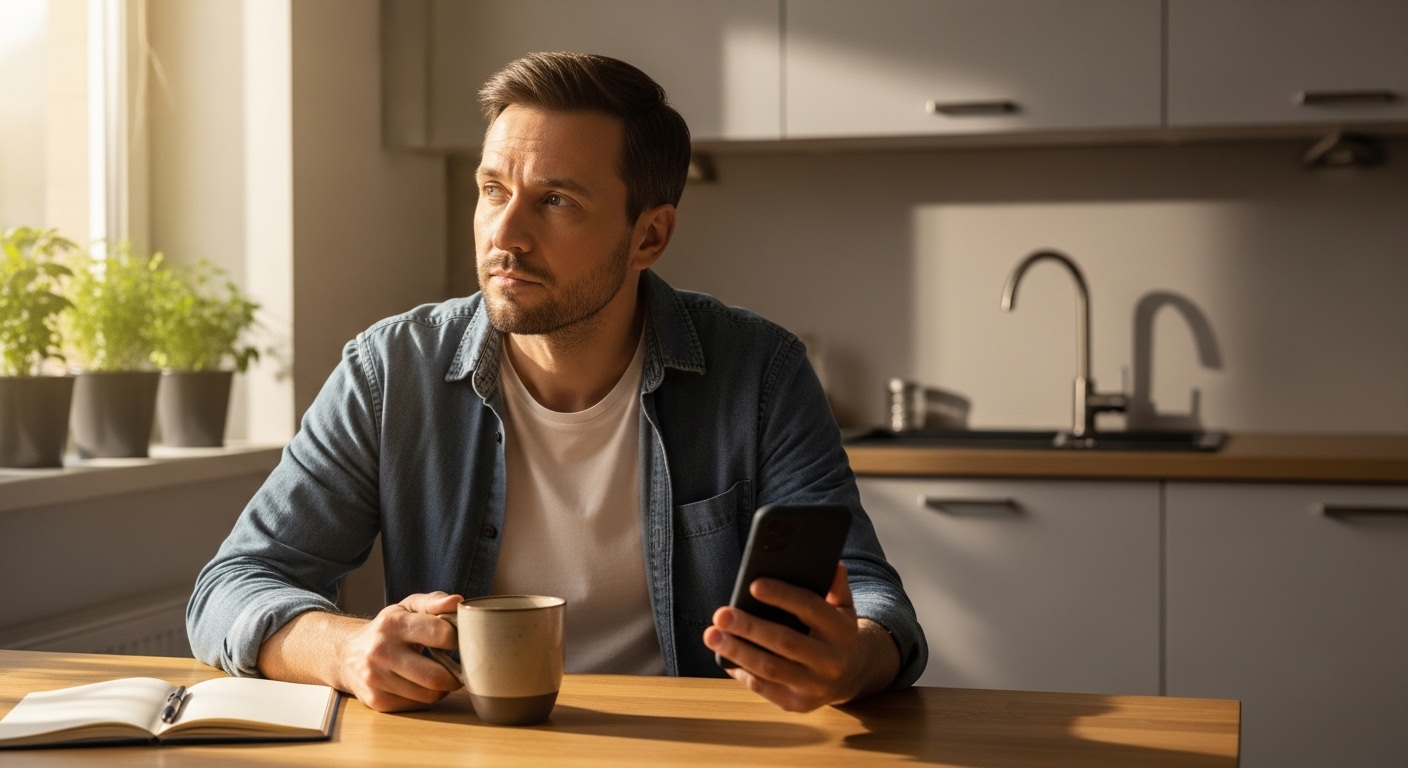 parent with coffee and phone at kitchen table