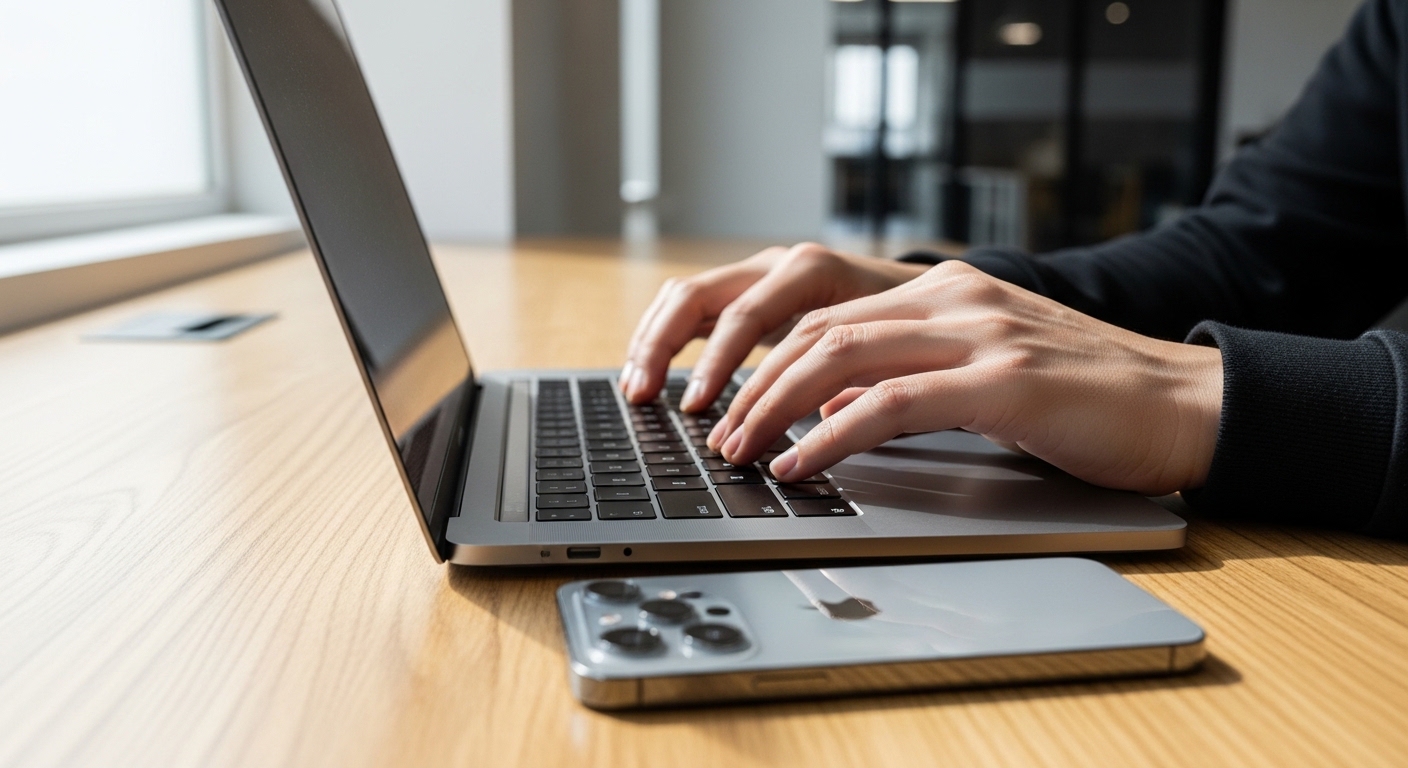 person with laptop and iPhone on desk