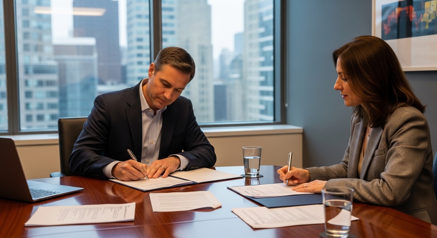 two people signing documents at office table