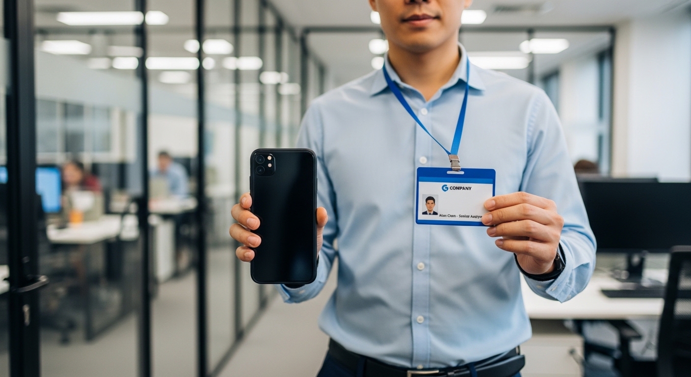 person holding smartphone and company badge