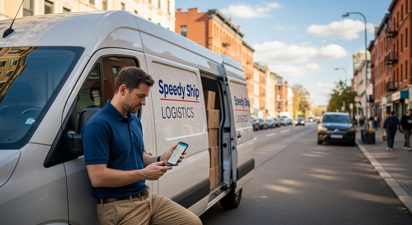 delivery driver checking phone by van
