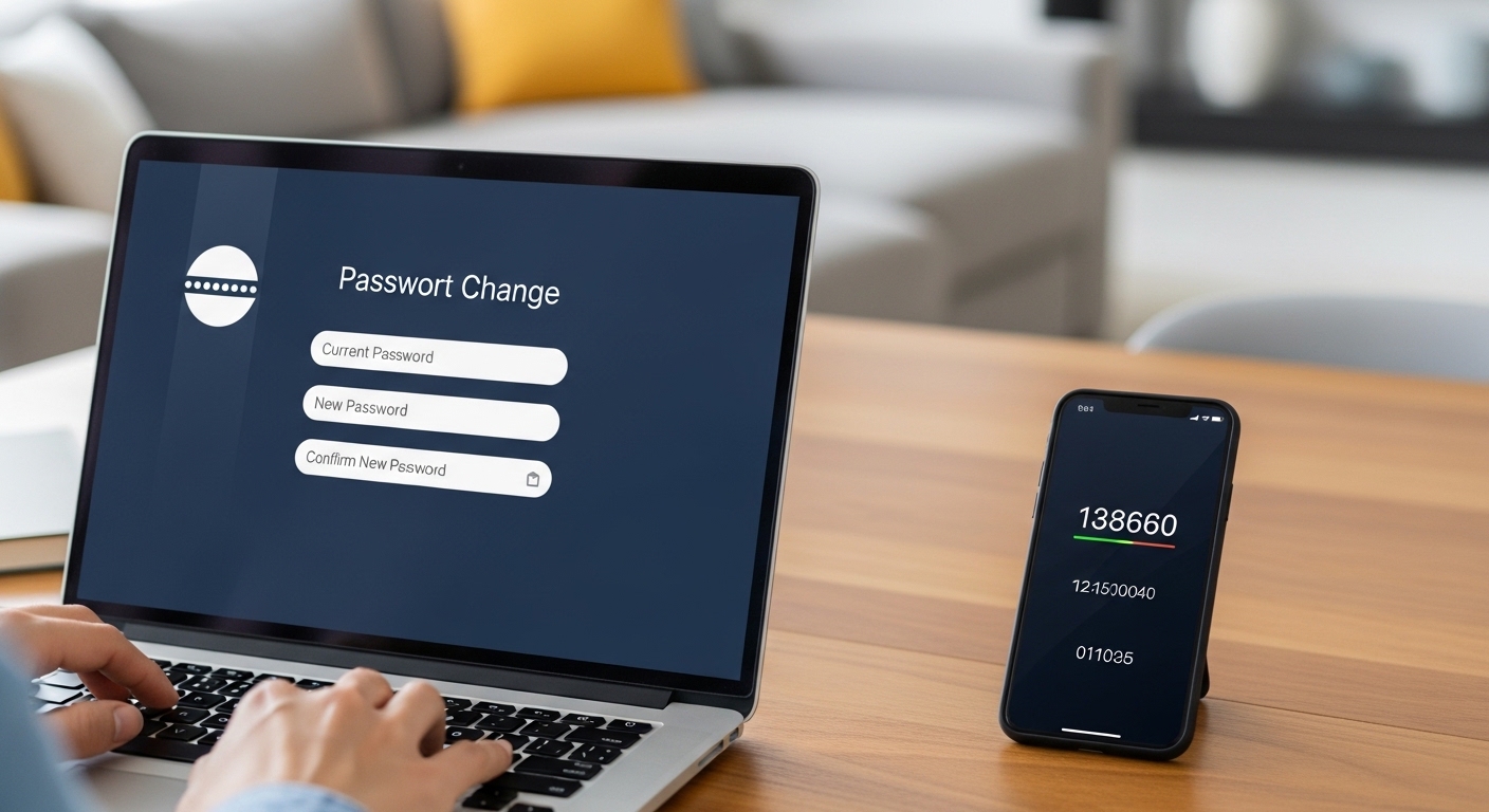 person changing password on laptop with phone showing 2FA