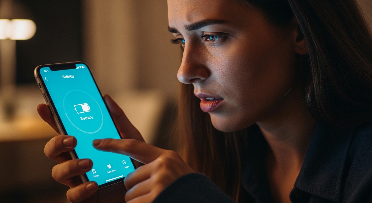 person checking phone battery with concerned expression
